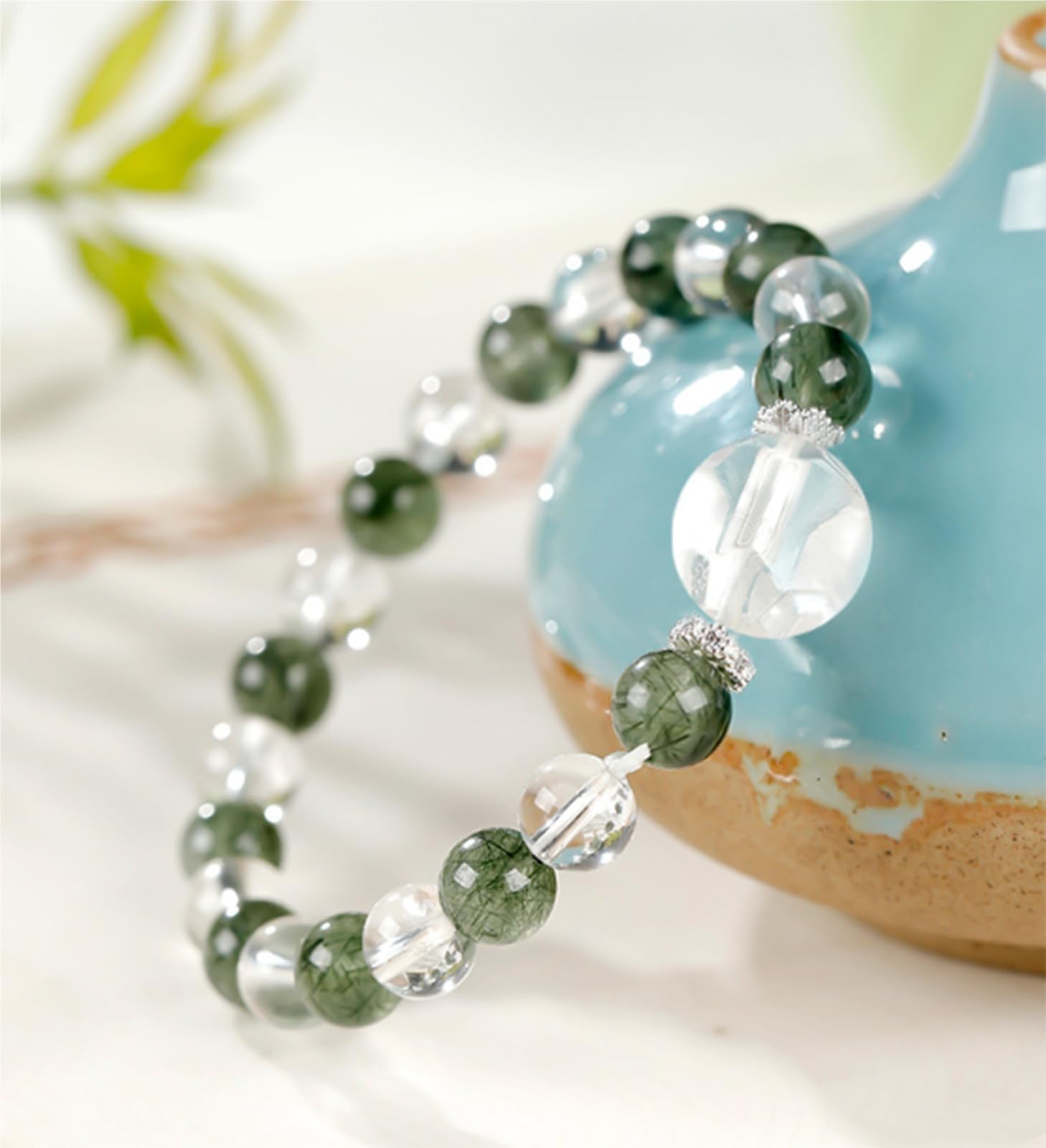Braccialetto elastico in quarzo naturale trasparente e quarzo rutilato verde, per uomini e donne, Feng Shui ricchezza perline di cristallo elastico per prosperità e buona fortuna