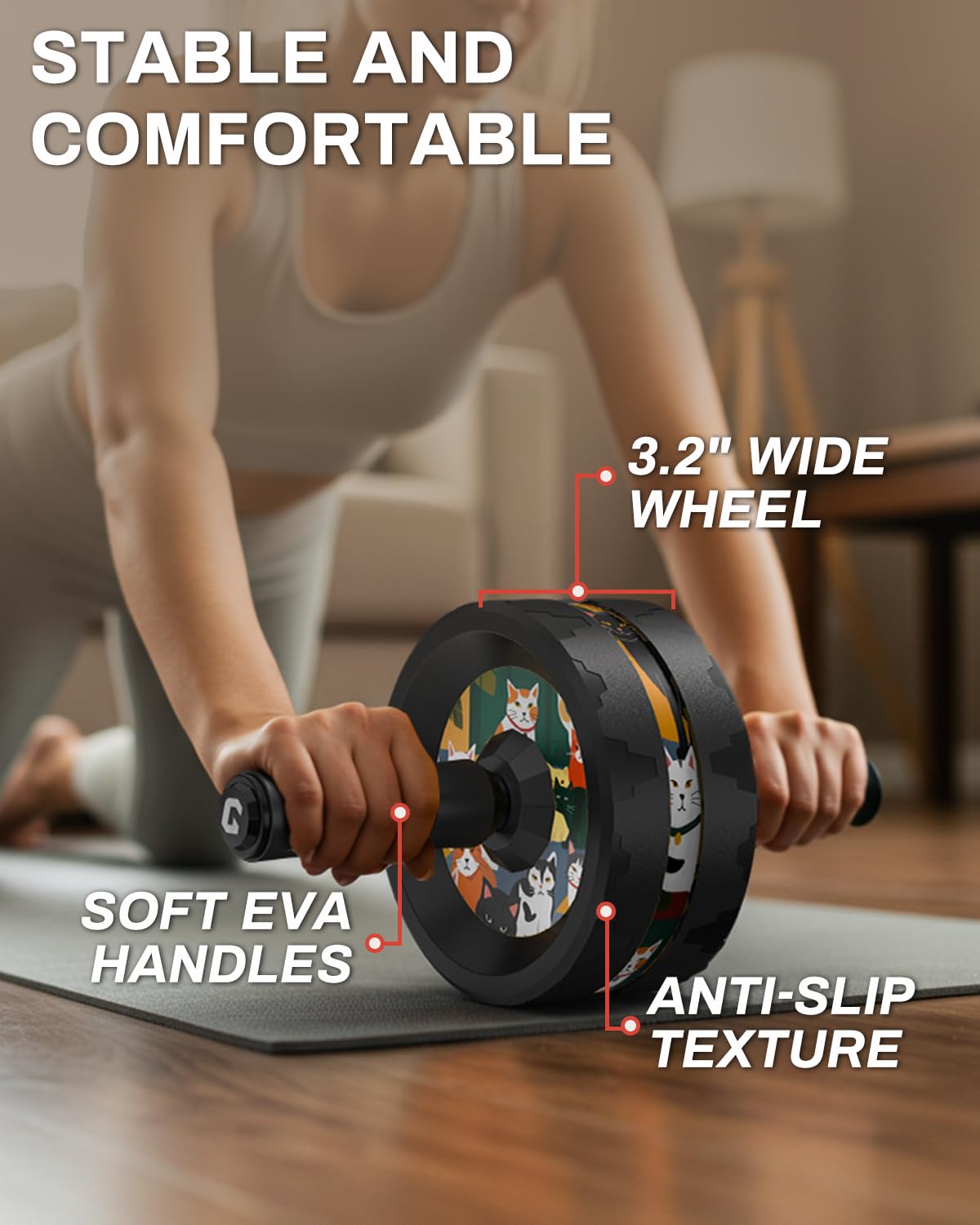 VINSGUIR Ab Roller Wheel, Abs & Core Workout Equipment for Home Gym with Knee Pad Accessories, Abdominal Wheel for Full-body Strength Training: Cat Print