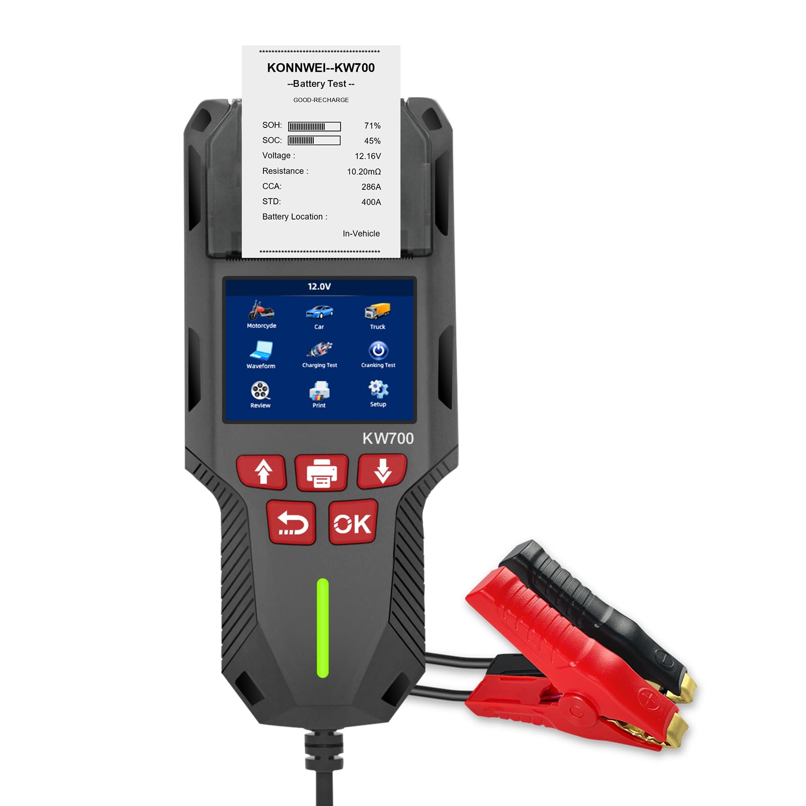 KONNWEI KW700 Testeur Batterie Auto 12V/24V avec Imprimante, Analyseur Batterie Digital pour Voiture, Camion, Moto, AGM/GEL/EFB/Lithium, CCA/EN/DIN, Start-Stop, Diagnostic Charge & Démarrage