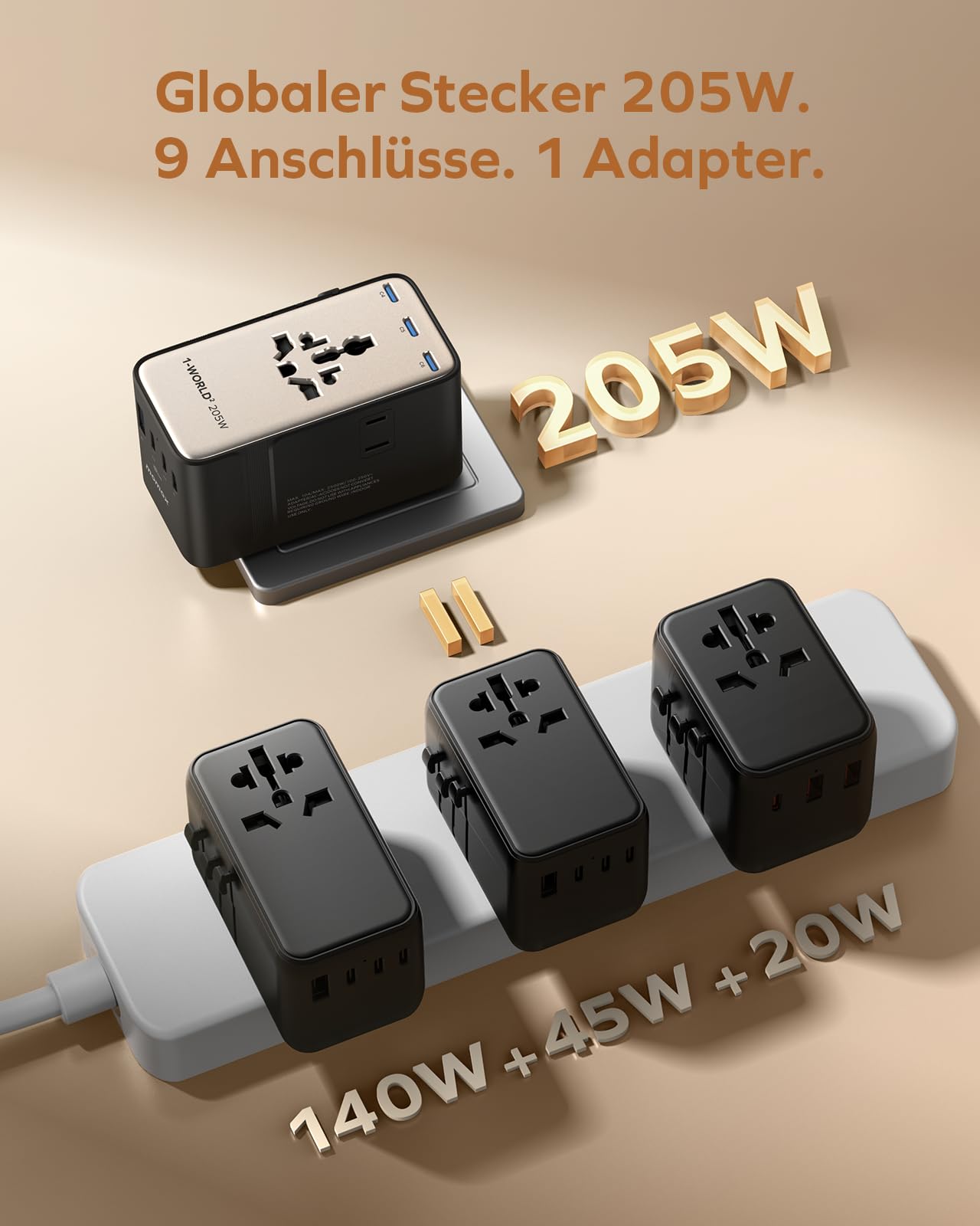 MOMAX Reiseadapter Weltweit 205W GaN Hochleistungs, Travel Adapter Worldwide mit 2 AC 6 USB C und 1 USB A, 9-in-1 Universal Adapter für EU UK USA Japan(Type C/A/G/I)