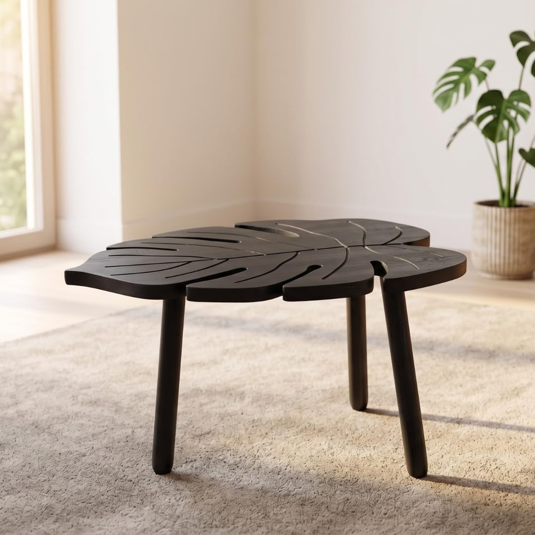 Atrangi Decor Wooden Coffee Table for Living Room | Leaf Shape Center Table | Solid Mango Wood Coffee Table with Wooden Legs | Handcrafted Modern Home Decor Furniture | Black (Black)-image-38