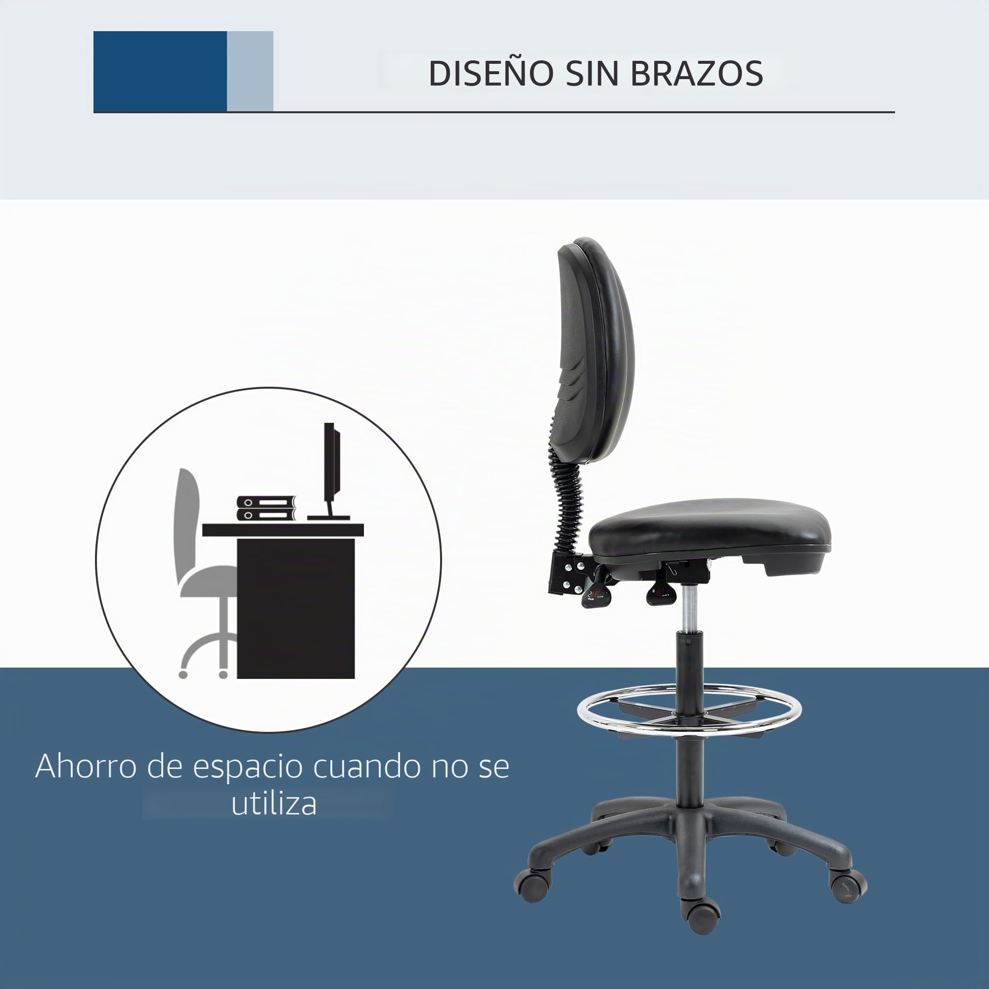 Vinsetto - Taburete giratorio ajustable en altura de 69-91 cm, respaldo reclinable y reposapiés ajustable