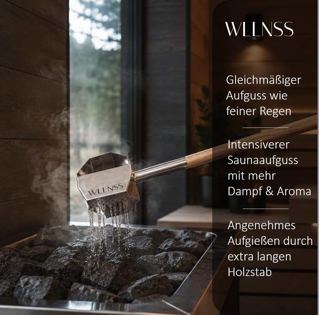Saunakelle mit Regeneffekt 500 ml – Große Edelstahl Aufgusskelle mit langem Holzgriff – Gleichmäßiger Saunaaufguss – Premium Sauna Zubehör im Geschenk Beutel