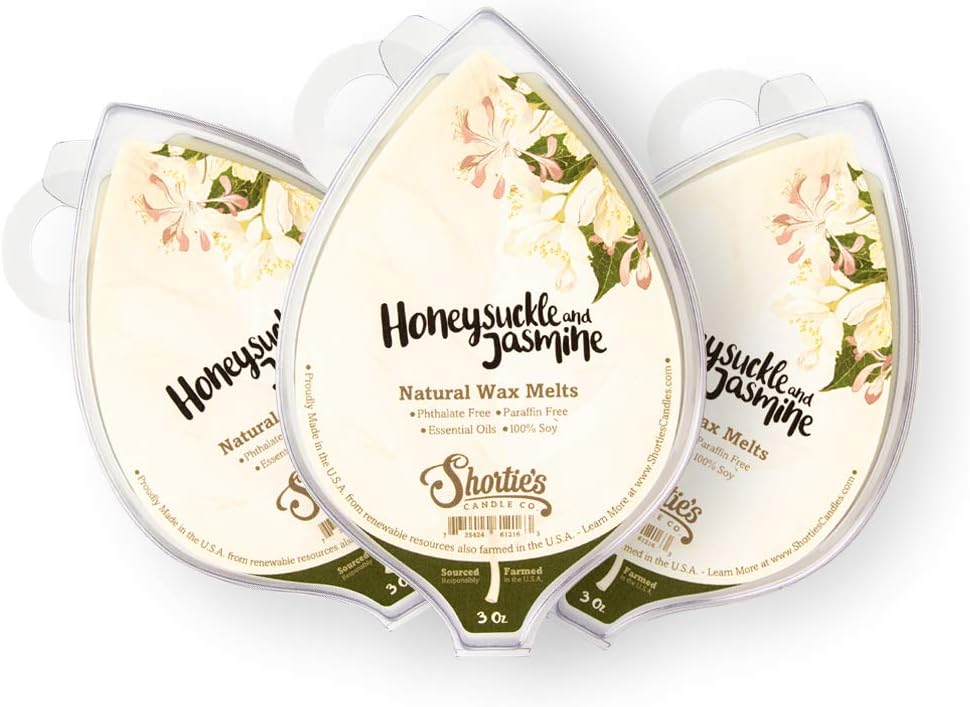 Shortie's Candle Company Honeysuckle Jasmine Natural Soy Wax Melts 3 Pack - 3 Highly Scented 3 Oz. Bars - Made with 100% Soy and Essential Fragrance Oils - Phthalate & Paraffin Free, Vegan, Non-Toxic