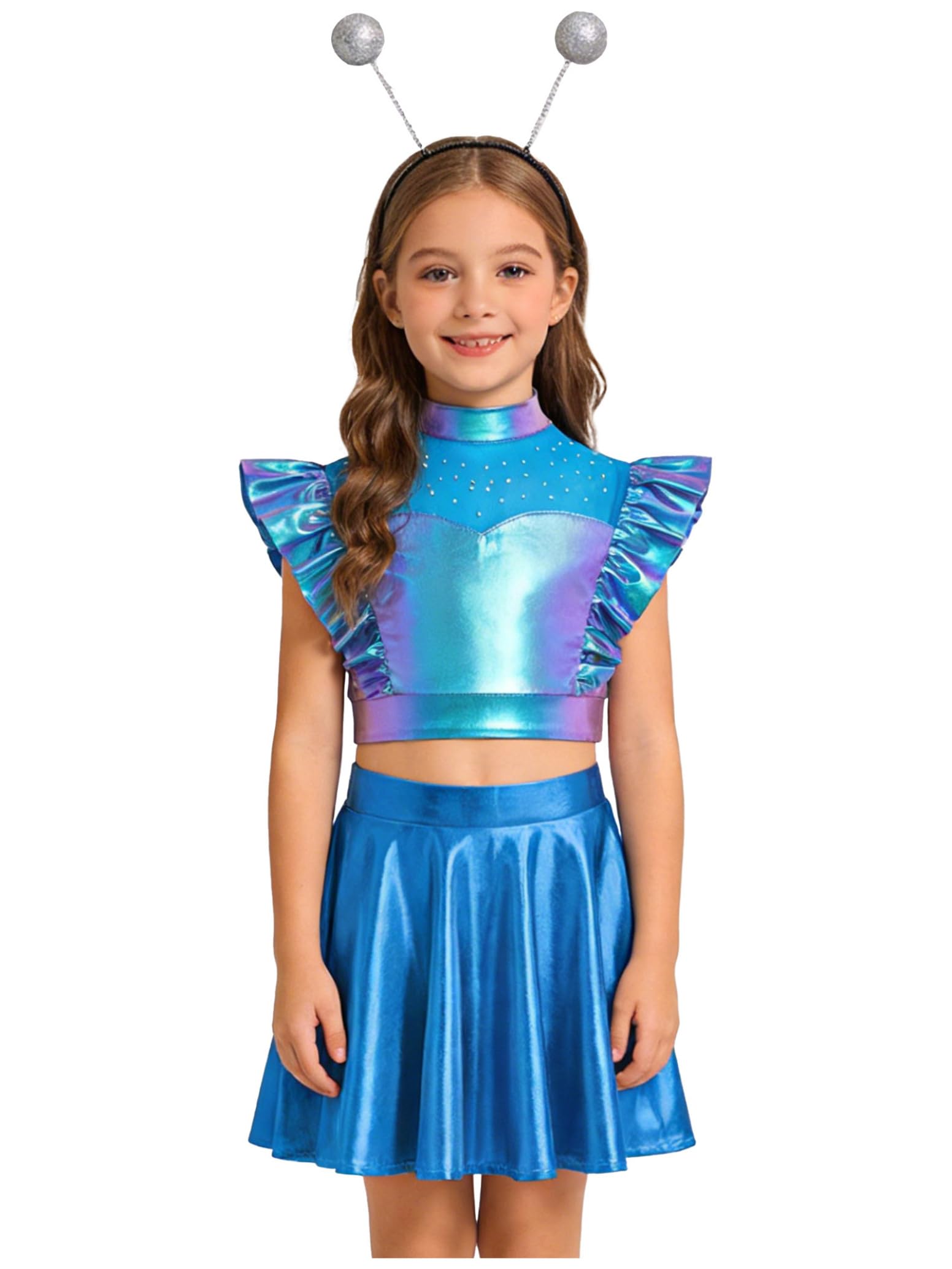 inlzdz Kids Girls Space Alien Costume Robot Dress Metallic Crop Top & Skirt with Antenna Headband 3-Piece Set Silver 11-12 Years