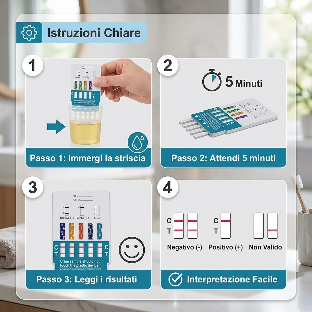 Medicinadellavoro.com - 5 Test Antidroga Urine 9 in 1, Drug Test per Rilevamento Cocaina, Cannabis, Oppiacei, Metadone, Ecstasy, Anfetamine, Metanfetamine, Crack, Eroina, Benzodiazepine e Buprenorfina