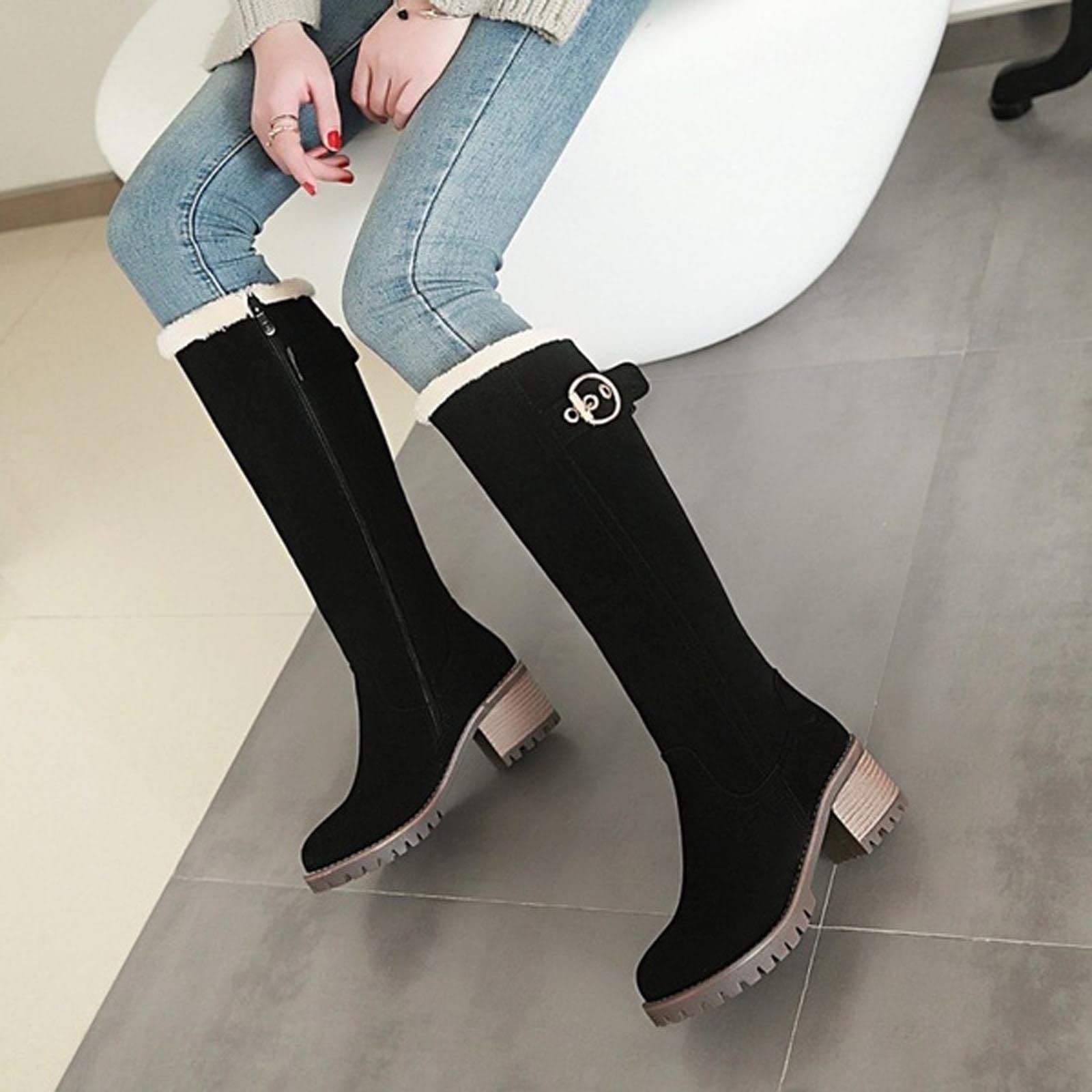 Bottes d'hiver Femme, Bottes Mustang Hautes Vintage Bottes de Neige Fourrée Chaude Escarpins Talon Moyen Tendance Chaussures Outdoor Bottes d'équitation