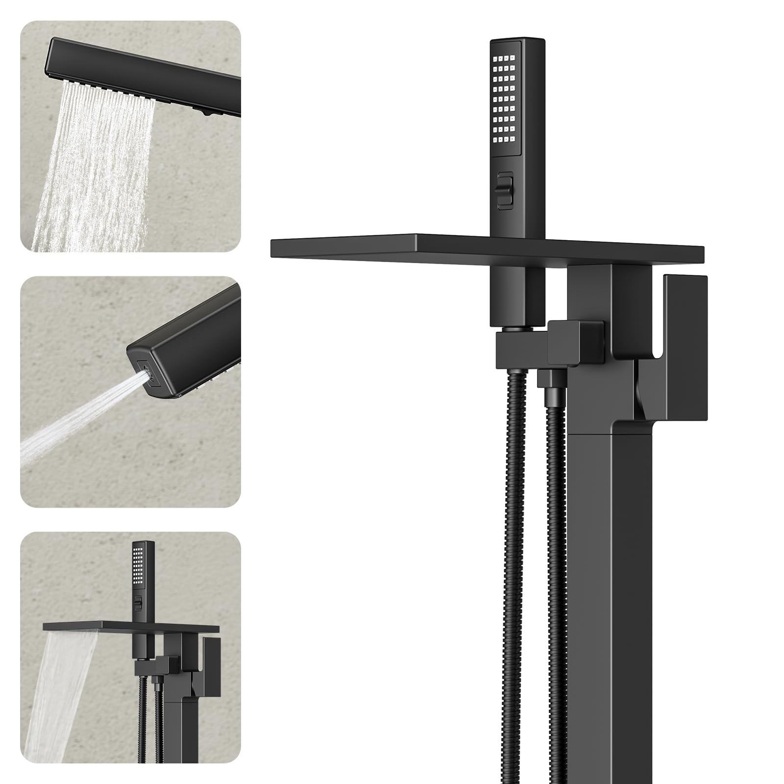 Ryuwanku Matt Black Freestanding Bath Faucet With Hand Sprayer Matte Black Floor Mounted Tub Filler High Flow Waterfall Brass Bathtub Faucet For Modern Bathroom