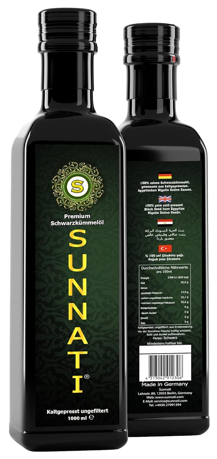 Sunnati Huile de nigelle non filtrée 2 x 1000 ml, fraîchement pressée à froid, haute teneur en thymoquinone