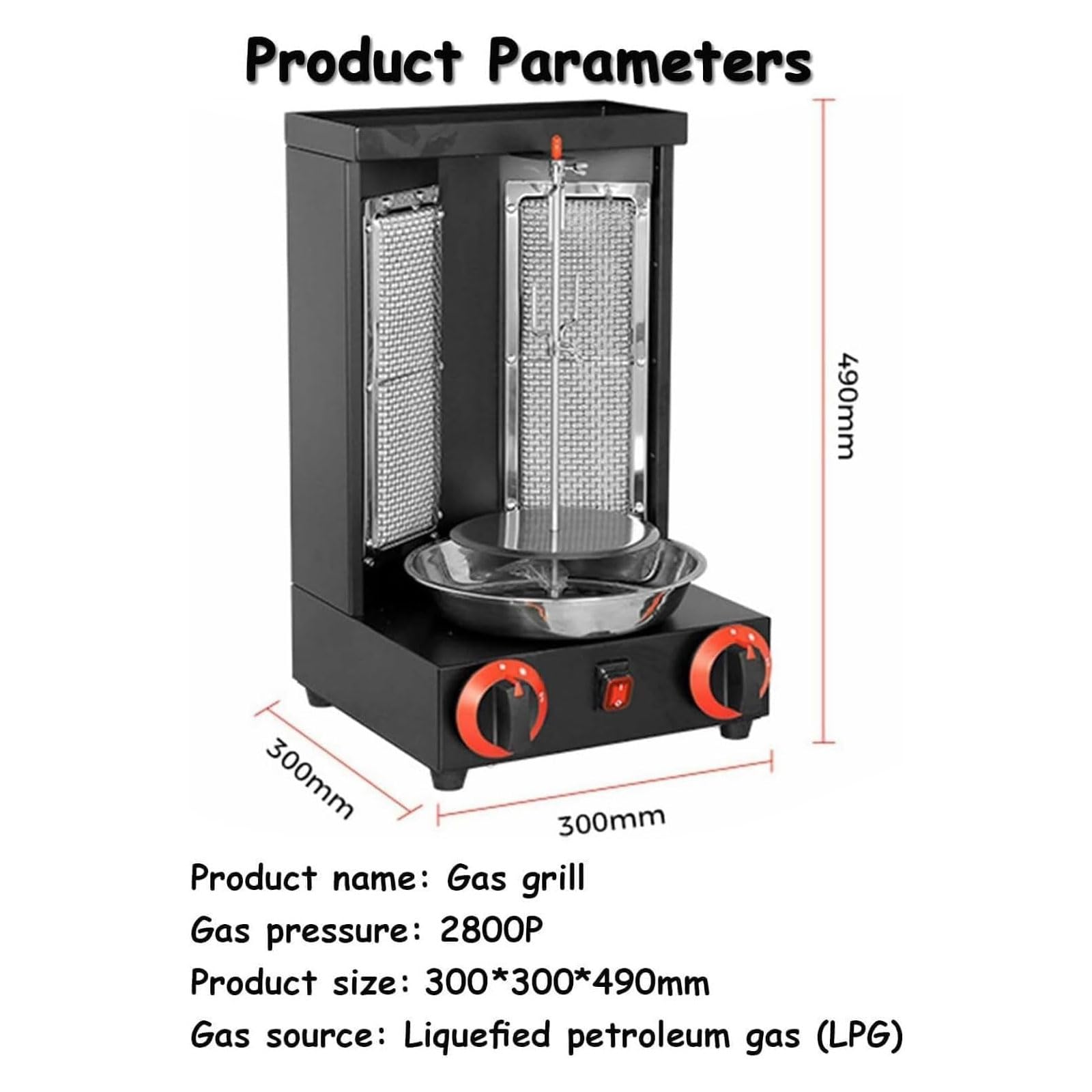 Griglia per girarrosto verticale a gas, in acciaio inox a 2 fuochi, temperatura regolabile, pressione gas 2800p, macchina automatica Shawarma per cucinare all'aperto