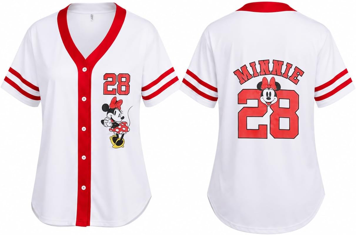 Womens Baseball Jersey - Short Sleeve Button Down Graphic Tees for Women | Officially Licensed Minnie Mouse, Mickey Mouse, Lola Bunny, Spongebob, Snoopy & NASCAR Baseball Jersey for Women (XS-XXL)