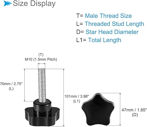 Miniatura 2 de CoCud Perillas de sujeción de estrella, rosca macho M6 x 0.591 in, cabeza de 1.220 in, mango de tornillo de pulgar de plástico, perno roscado negro,
