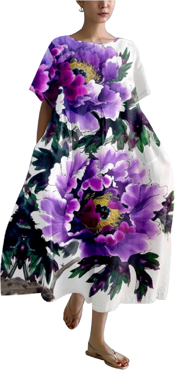 Cotton Linen Dress Floral Print Casual Loose Short Sleeve Crew Neck Maxi Ladies Flowy Summer Long Dresses