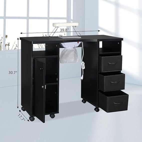 Nail Table, Manicure Table with Dust Collectorand Hand Rest, Nail Salon Table for Nail Studio and Home, Multifunctional Nail Tech Desk with Sortable Storage Items, Black