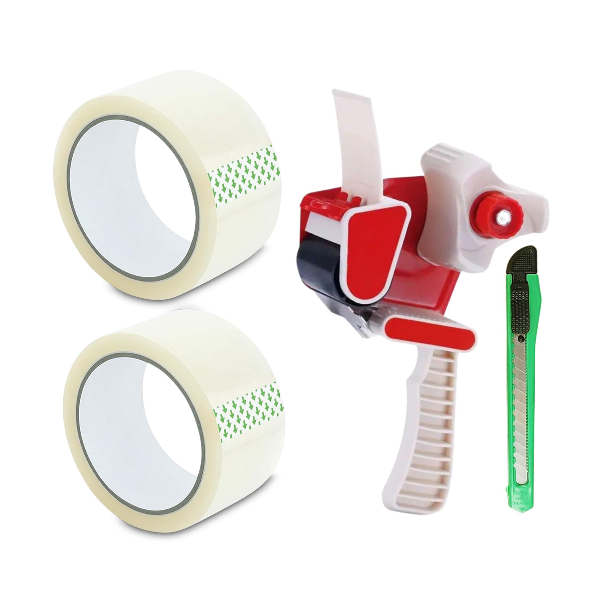 2 X Clear Packing & Parcel Tape for Boxes ( 2 Rolls Tape, 1 Dispenser, 1 Cutter ) Size (60 Mic, 48mm x 66m) Heavy Duty Strong Sticky for Box Packaging & Moving House