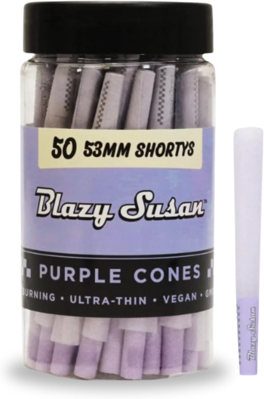 Blazy Susan Purple Pre-Rolled Cones, 50 Count (53mm Shorty) - Slow-Burning Rolling Paper & Ultra-Thin  Preroll Cones with Filter Tips - Vegan, GMO-Free, Convenient & Easy-To-Use Prerolled Shortys