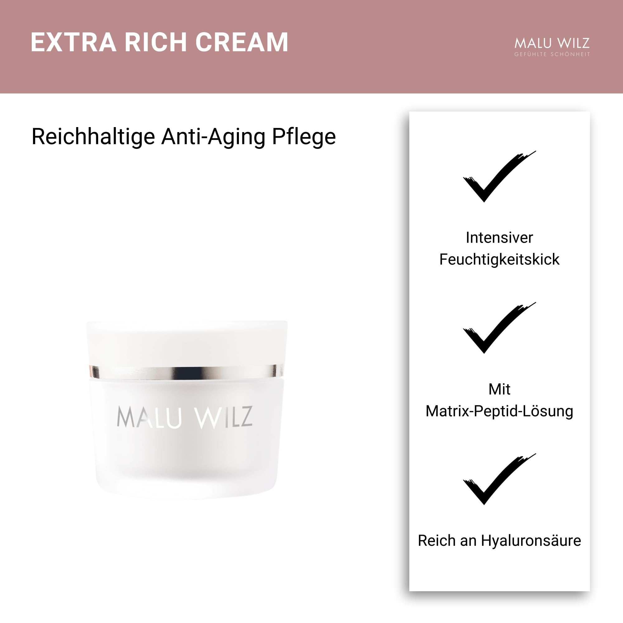 Malu Wilz Extra Rich Cream Feuchtigkeitscreme Gesicht 50ml I Anti Aging Gesichtspflege für trockene Haut I Anti Falten Creme, reich an Hyaluronsäure