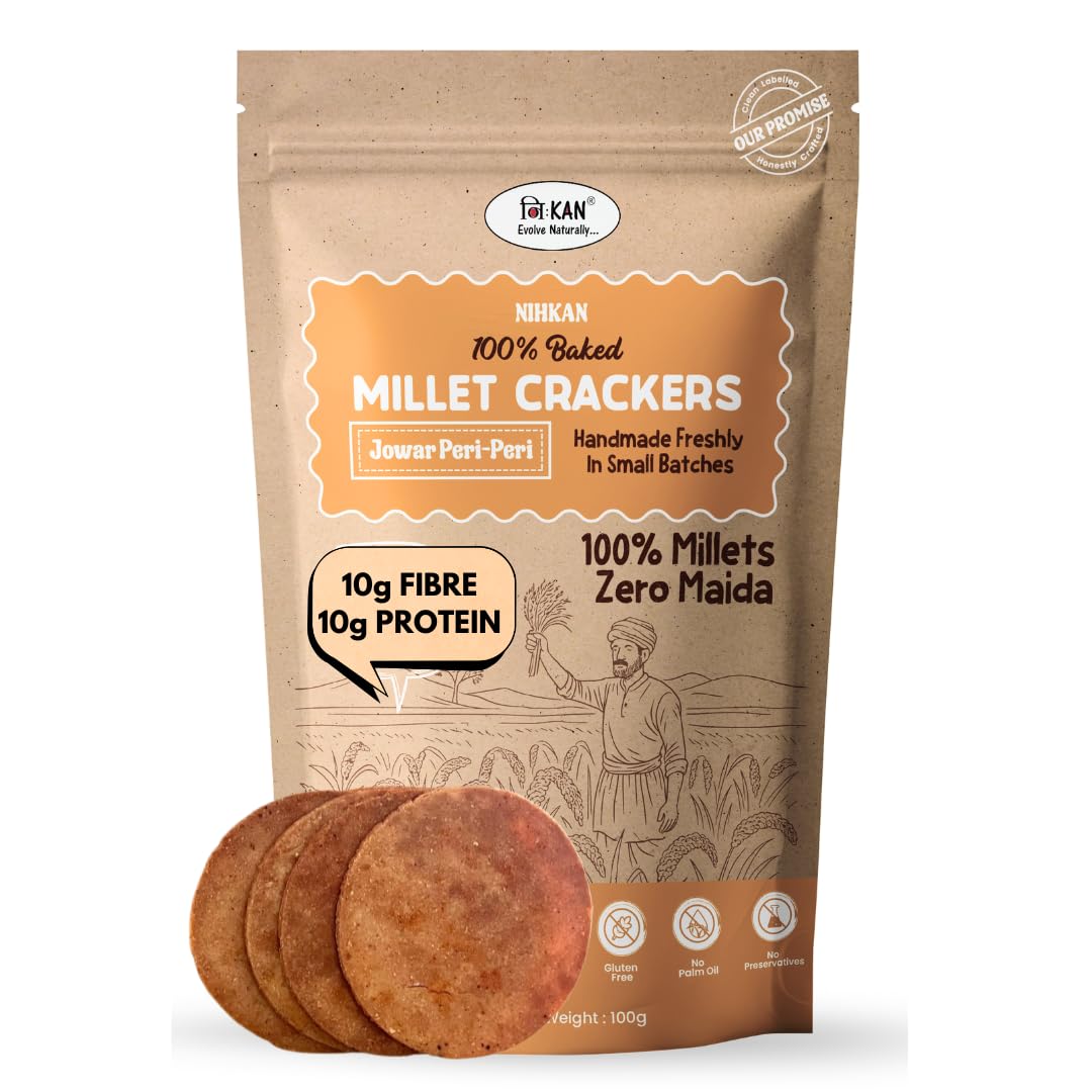 Sponsored Ad - NIHKAN Jowar Millet Crackers - Gluten free | No Maida | High protein | High Fibre - Handmade & baked chai time guilt free snacks - Healthy Millet Snack - No Preservatives & No Baking soda - 100g each (Jowar Peri-Peri Flavour)