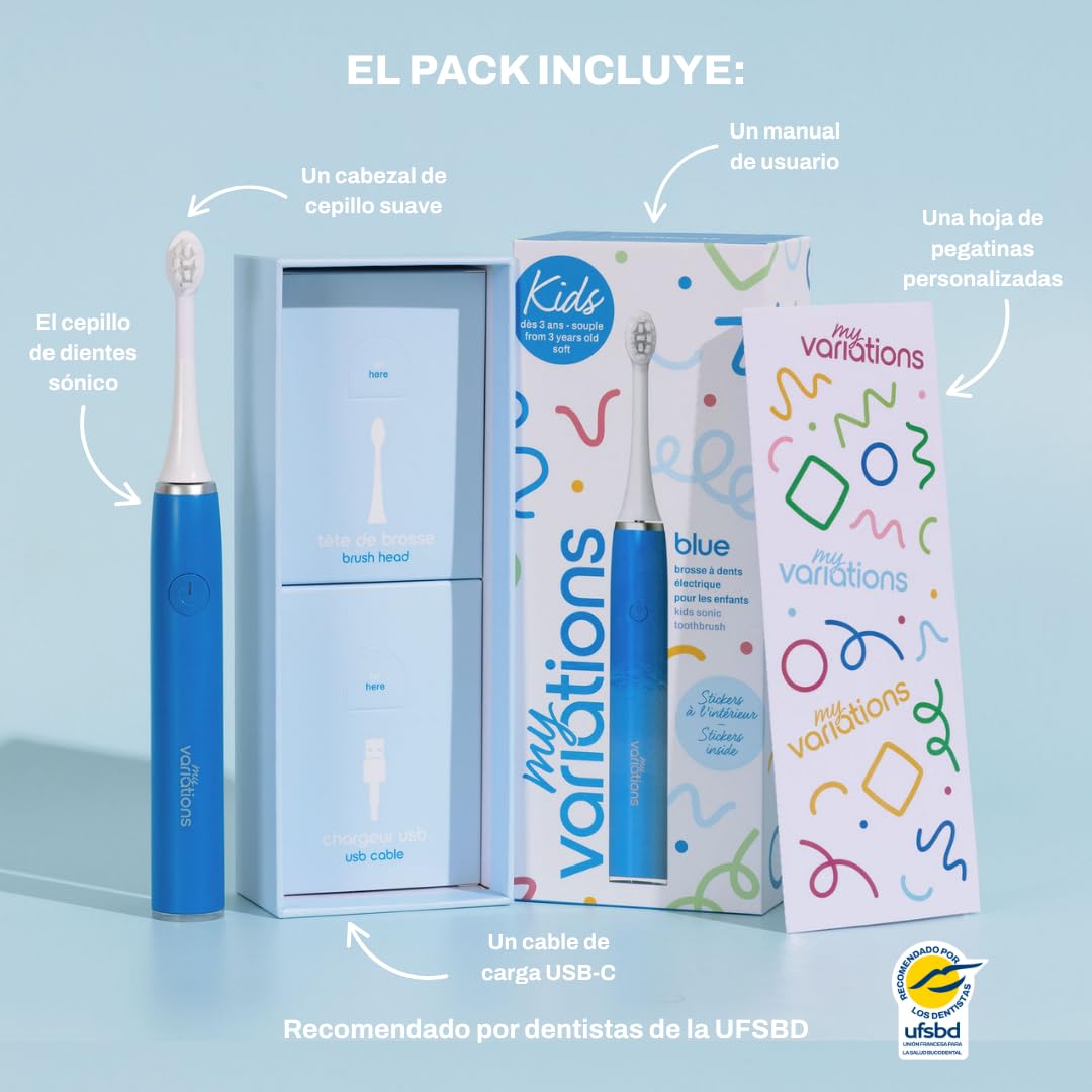 My Variations Cepillo de dientes eléctrico sónico recargable para niños, recomendado por dentistas, 2 modos, 27 calcomanías, 1 mes de duración de la batería, temporizador, a partir de 3 años (azul, 3