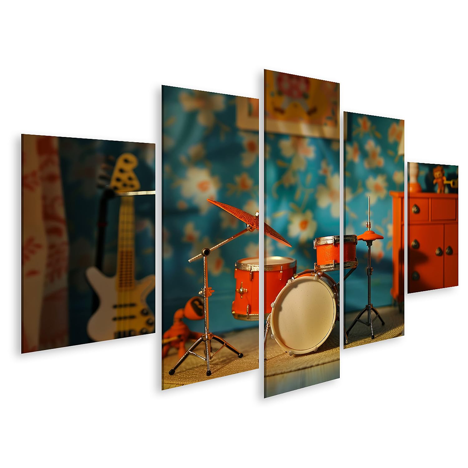 islandburner Cuadro sobre lienzo sala de juguetes con batería y guitarra para habitación infantil amantes de la música tienda de música imágenes murales póster