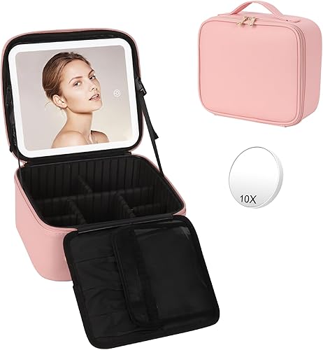Relavel Bolsa de maquillaje de viaje con espejo LED, bolsa organizadora de cosméticos, estuche de maquillaje con espejo iluminado, 3 luces de color,