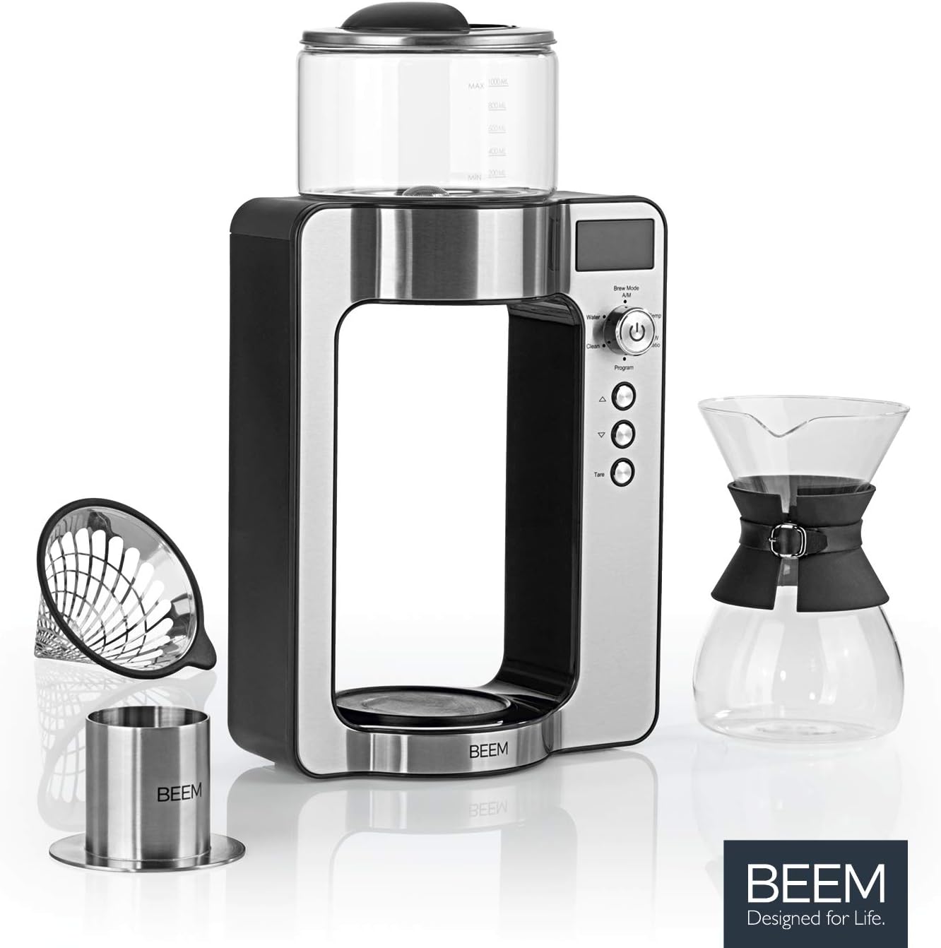 Beem 03597 - Caffettiera Pour Over con filtro in vetro e bilancia Basic Selection, in acciaio INOX, con caraffa in vetro da 0,75 l, sistema di erogazione diretta, testina rotante