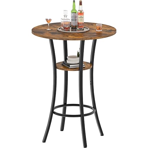 Round Bar Table, 2-Tier High Top & Counter Height Dining Table, for Bistro, Pub, Kitchen, Living Room, Rustic Brown and Black TBT03BF
