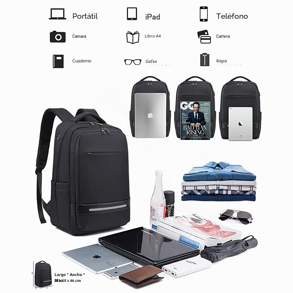 Mochila para Ordenador Portátil Impermeable Antirrobo Unisex 17 Pulgadas, Gran Capacidad con Puerto USB para Estudio, Viajes, Trabajo, Ocio o Actividades al Aire Libre Negro