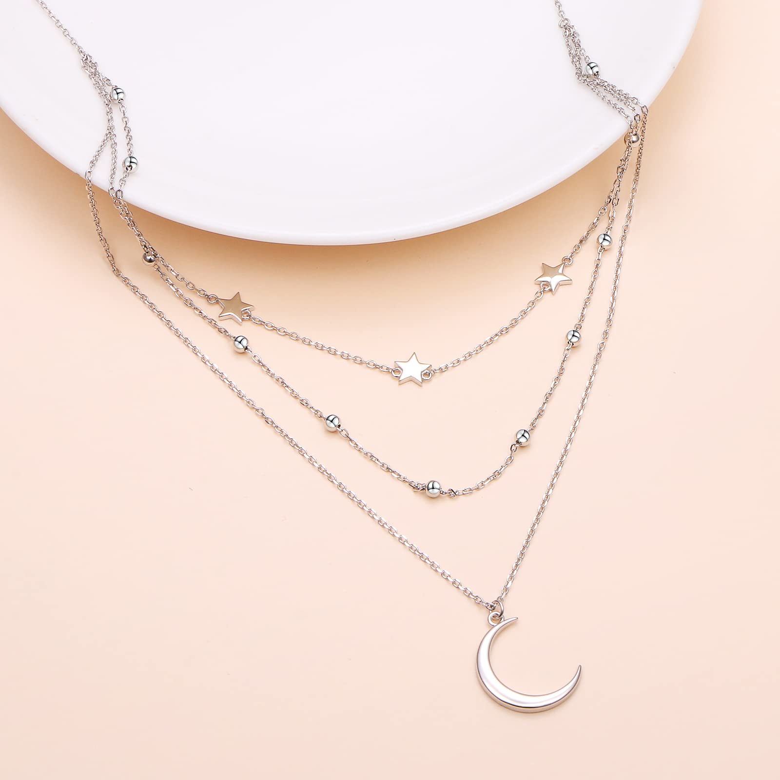 Collares de plata de ley 925 en capas, sol y luna, estrella, mal de ojo, círculo, barra, collar multicapa de triple cadena larga, colgante de clavícula en Y para mujer