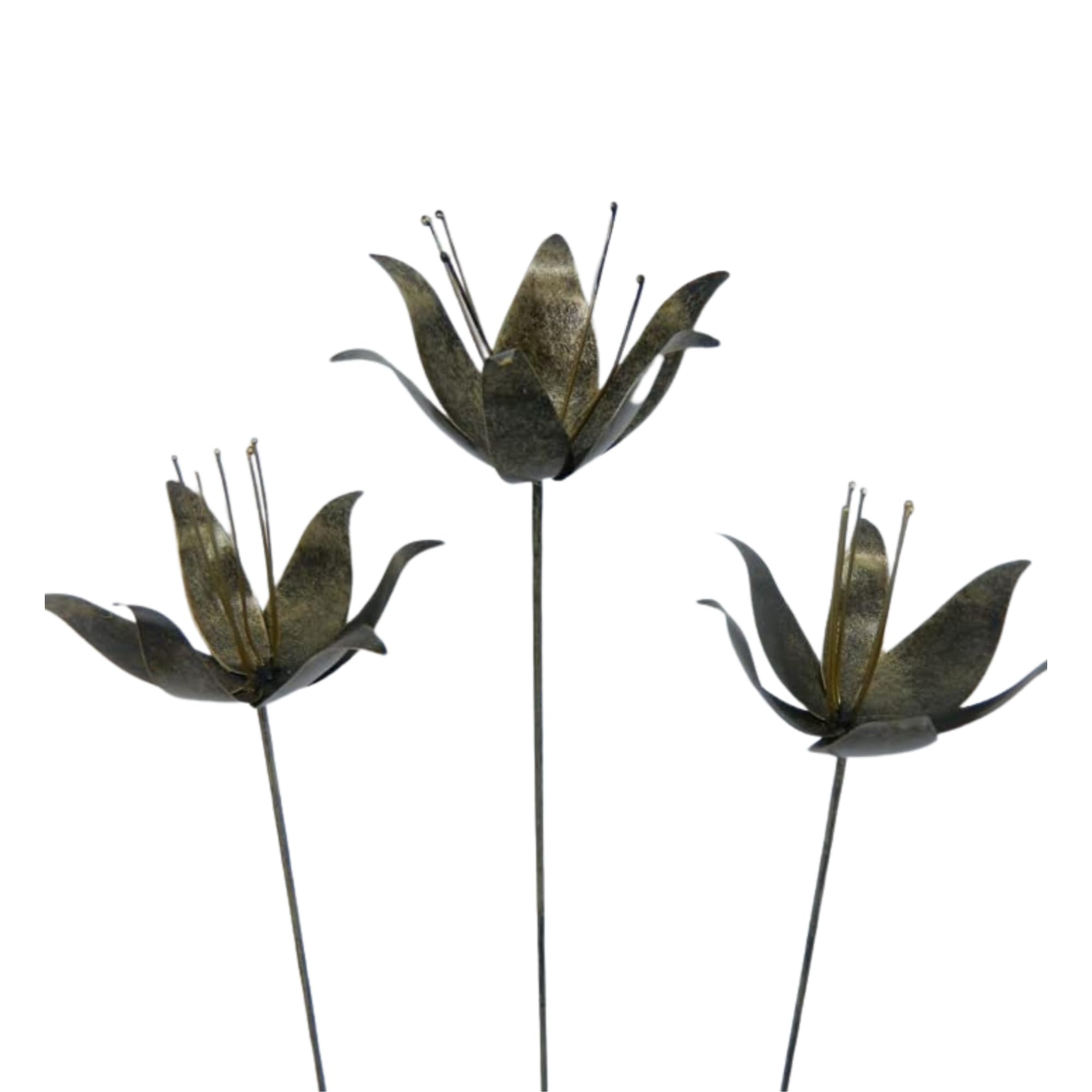 Thai Gifts Metal Lily Flower Garden Ornament Set of 3 Lilies on 100cm stick - Antique Gold