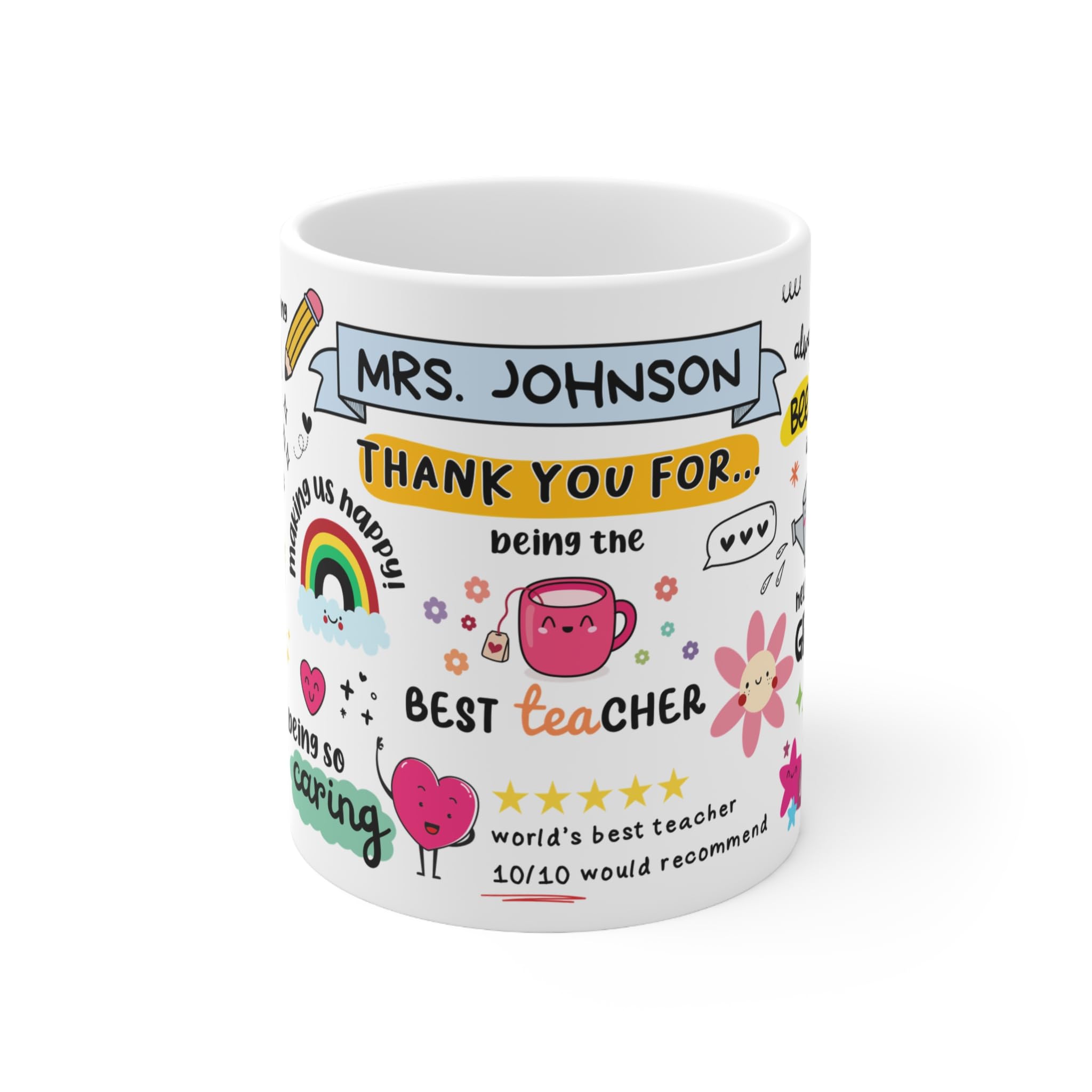 Personalised Teacher Mug, Thank You Teacher Gift, Custom Name Mug for Teachers, Nursery Teacher Cup, End of Term Classroom Gift, Cute Best Teacher Mug (White 11oz, Mug)