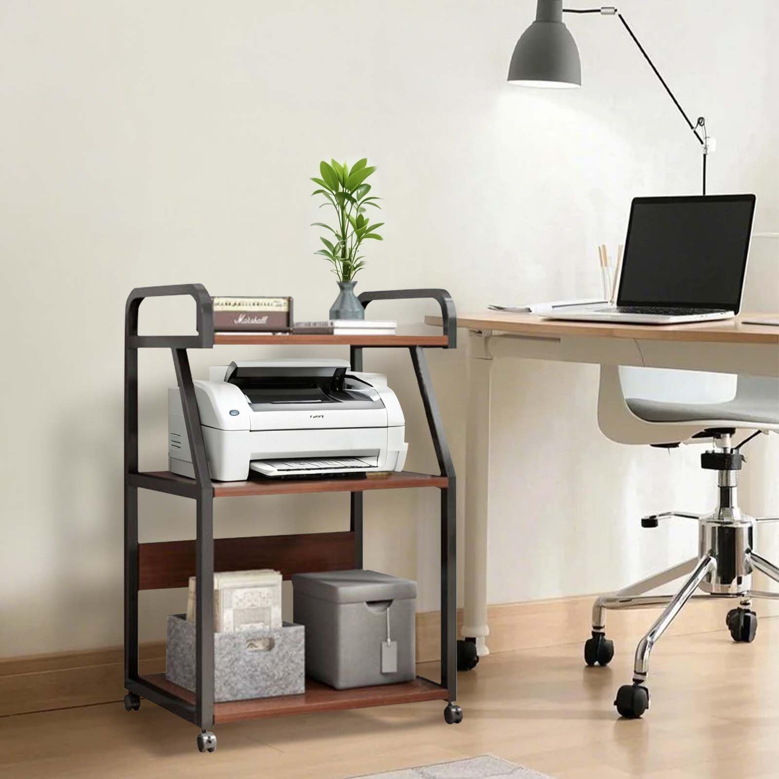 Carrito Multifuncional para Oficina con 3 Niveles - Estantes espaciosos y Ruedas bloqueables - Ideal para Impresora y Almacenamiento en casa, Escuela o clínica - Color Nogal Oscuro