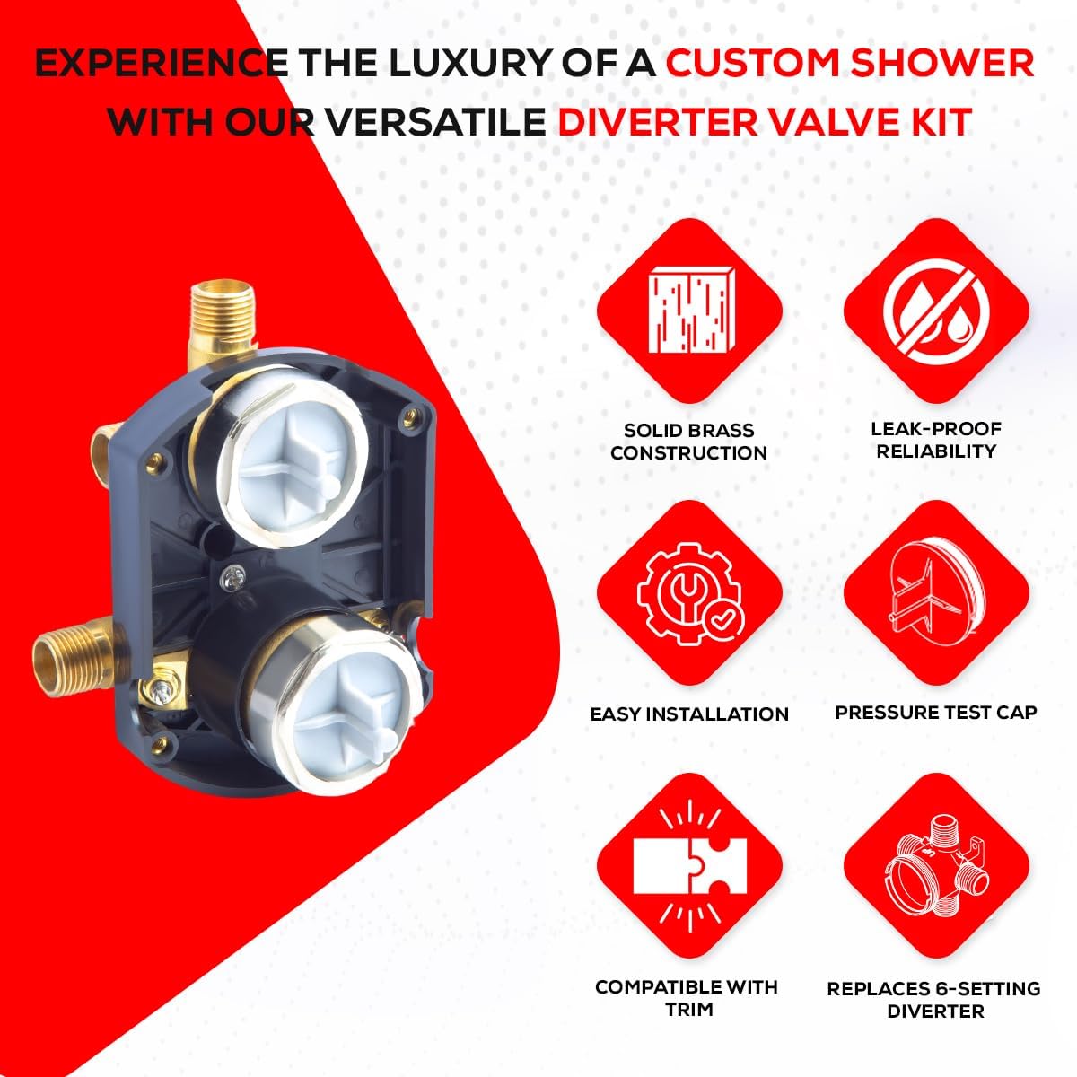 R22000-WS Universal Rough-In Shower Valve with Diverter – 3-Way/6-Way Settings, Screwdriver Stops Included – Solid Brass Rough Valve Compatible with Major Brands Custom Trim Kits - Image 2