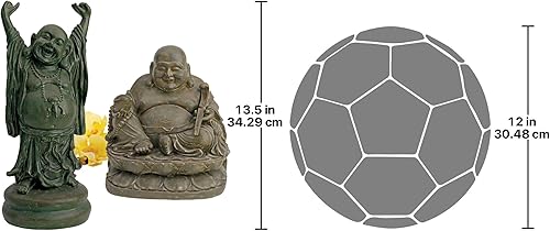 Vista 3 de Design Toscano Estatua asiática de decoración santuario, juego de dos, Jolly Hotei y Buda riendo, acabado de bronce Verdigris