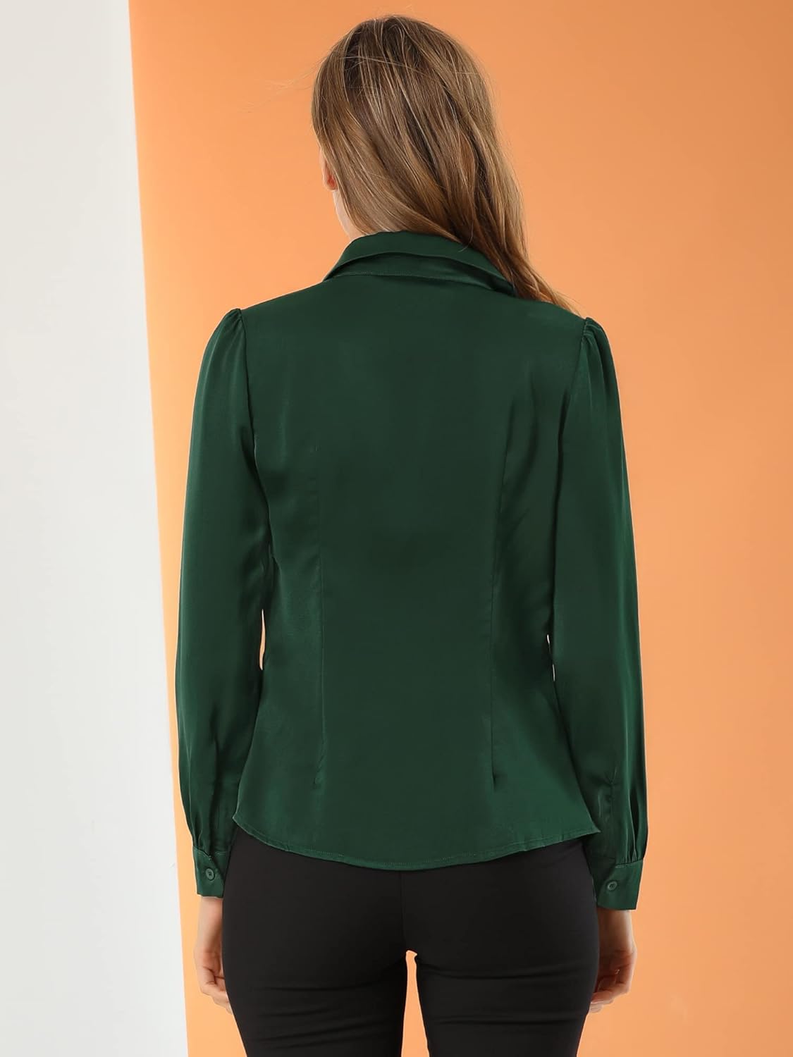 Allegra K Women's Elegant Collar Blouse St Patrick's Day Long Sleeve Work Office Button Down Satin Shirt - Image 5
