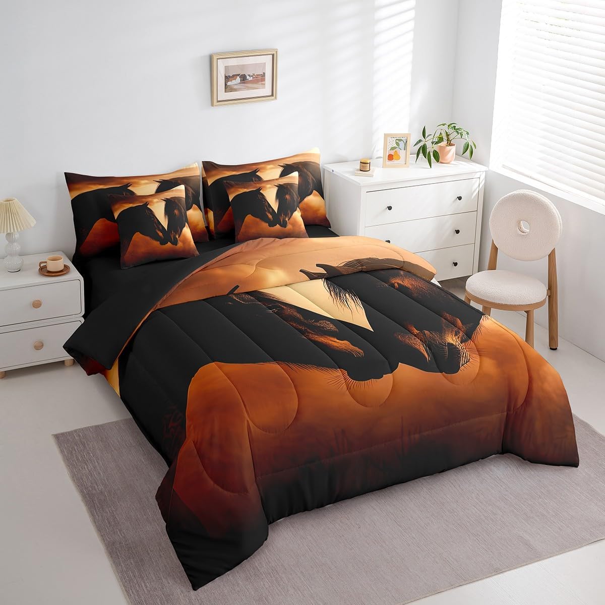 3D Horse Bed in a Bag 7 Pieces for Men Women Couple Horse Bedding Set, Wild Animal Full Size Comforter Set Romantic Theme Bedding Comforter Sets, Sunset Rainbow Clouds Bed Set (Black Brown)