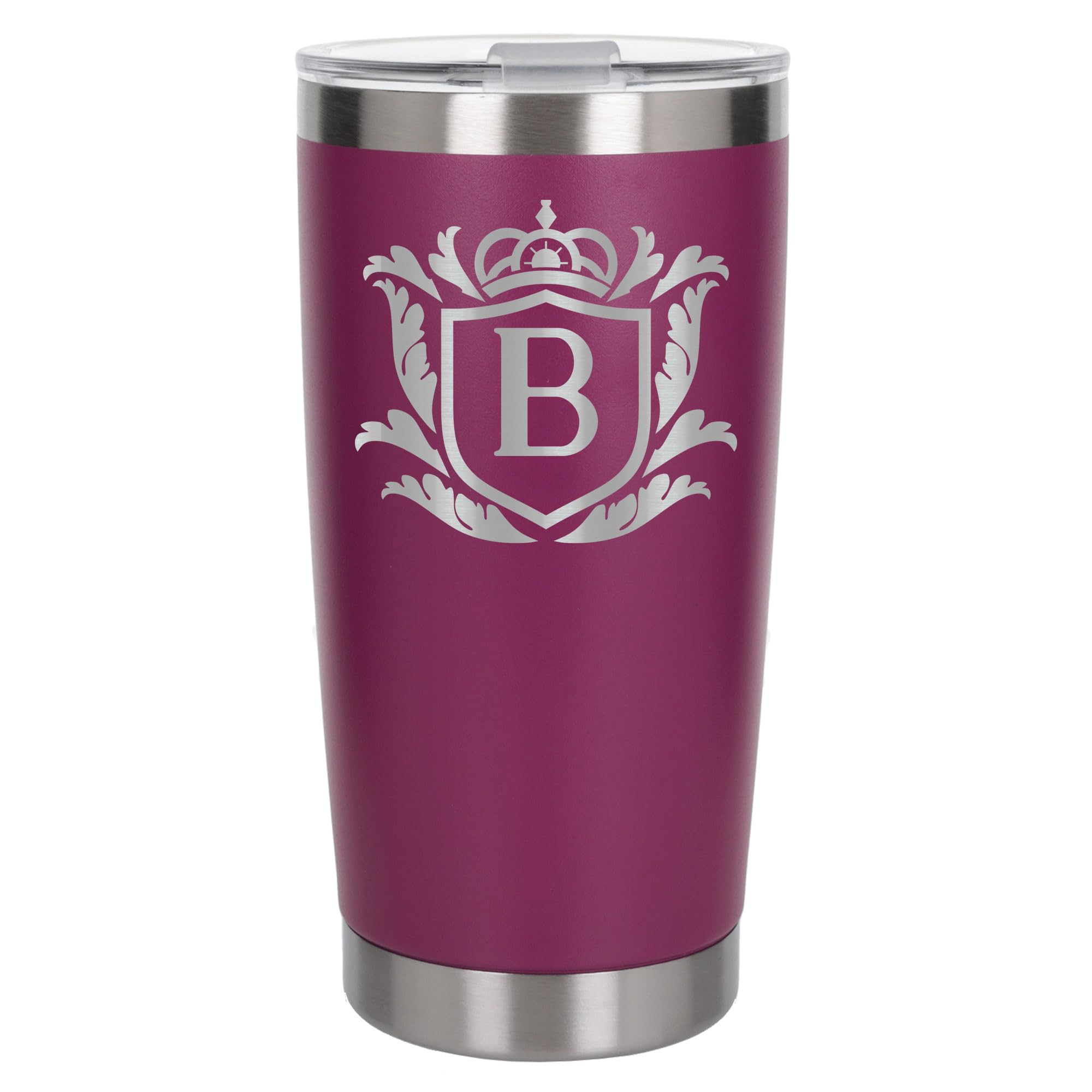 Customised Gifts 500ml Engraved Shield Initial Monogram Insulated Personalised Dark Pink Travel Mug for Men and Women - Personalised Initial Coffee Travel Mug for Hot and Cold Beverages, Letter B