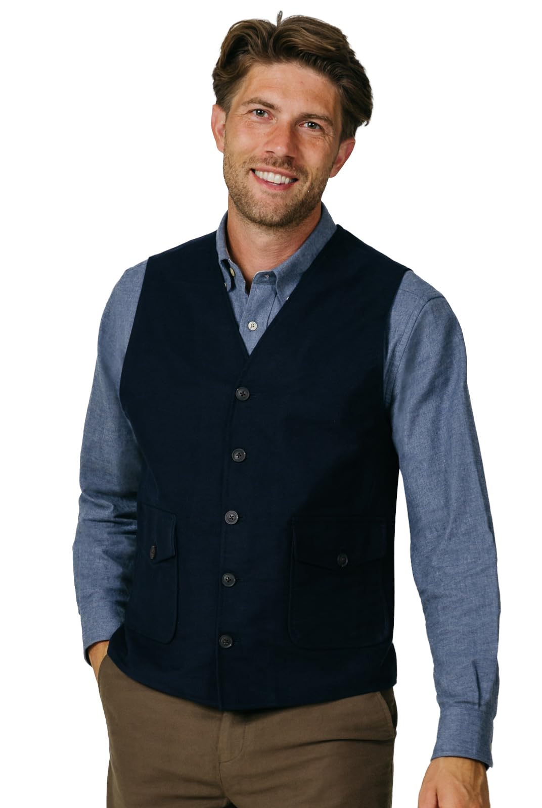 Dobell Men's Navy Blue Navy Moleskin Waistcoat Regular Fit 100% Cotton-L (42-44In)