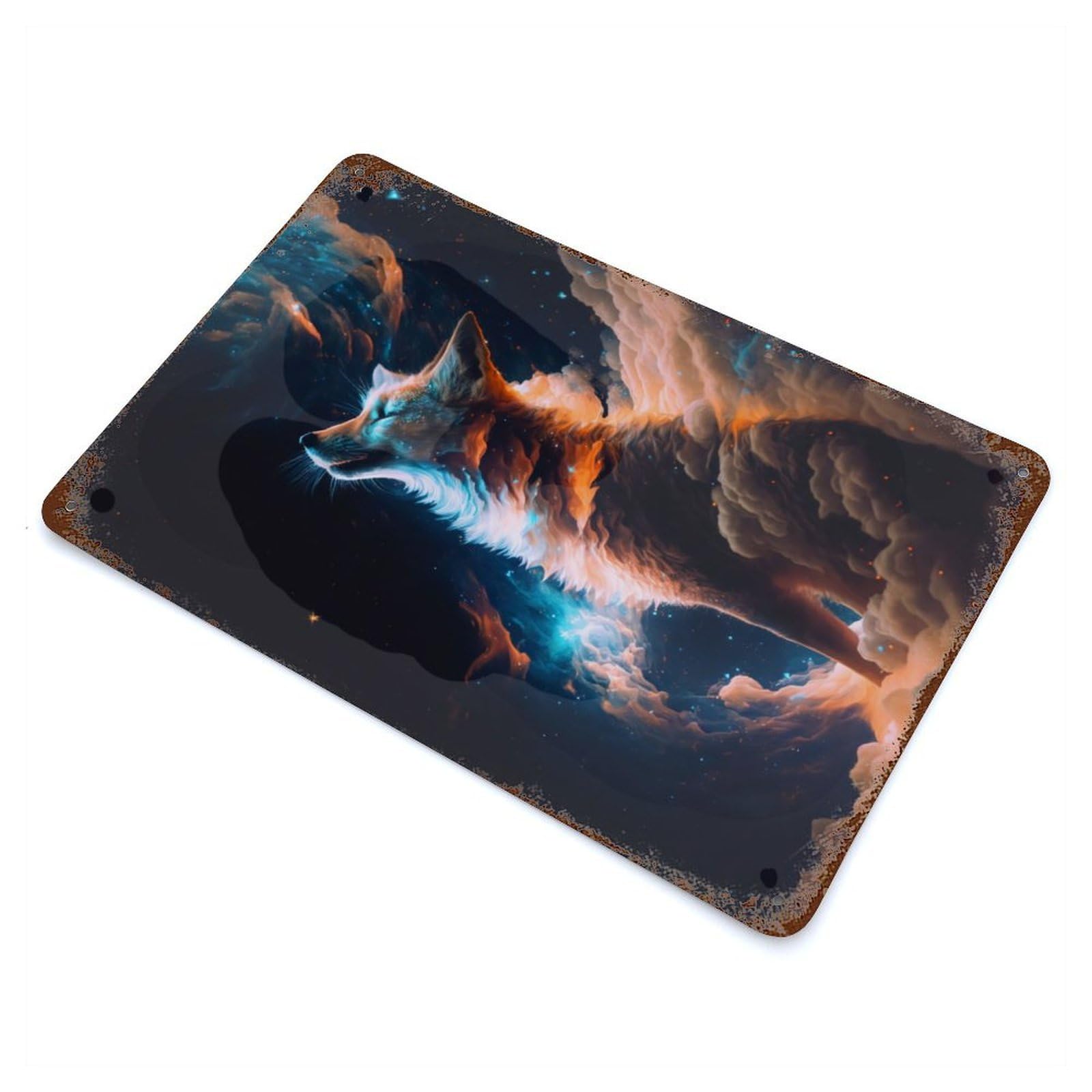 Distressed Metal Wall Sign Adoring Fox in Space 11.8"x7.9", Vintage Wall Decor for Cafe, Home Bar And Lounge Decor