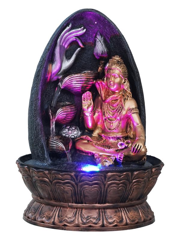 Image of Golden and Grey Polyresin Tabletop Lord Shiva Showing Mudra 3 Step Indoor Water Fountain for Home Decor with Multicolour LED Light & Control Pump (Size: 27 x 27 x 39CM | Wt: 2140Gram)
