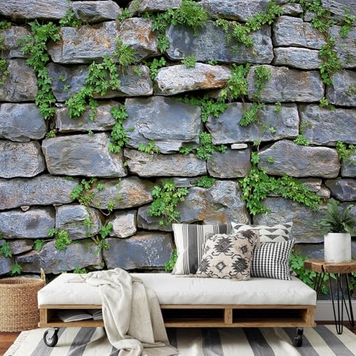 Papel Tapiz Fotográfico, Papel Tapiz Muro de piedra musgo 3D vintage Mural, 150Anx105Al cm Cafe Restaurant Dormitorio Decoración para el Hoga Murales Pintado Fotomural