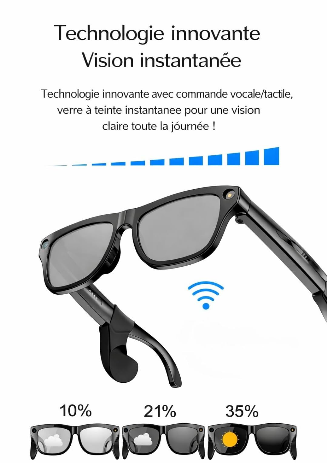 Lunettes Smartglasses 2026 Caméra Full HD, Verre Teinte Electrochomique Flash intégré, Musique, Bluetooth,WiFi, Protection UV, Assistant Vocal IA, Réseaux Sociaux, Haute Autonomie.