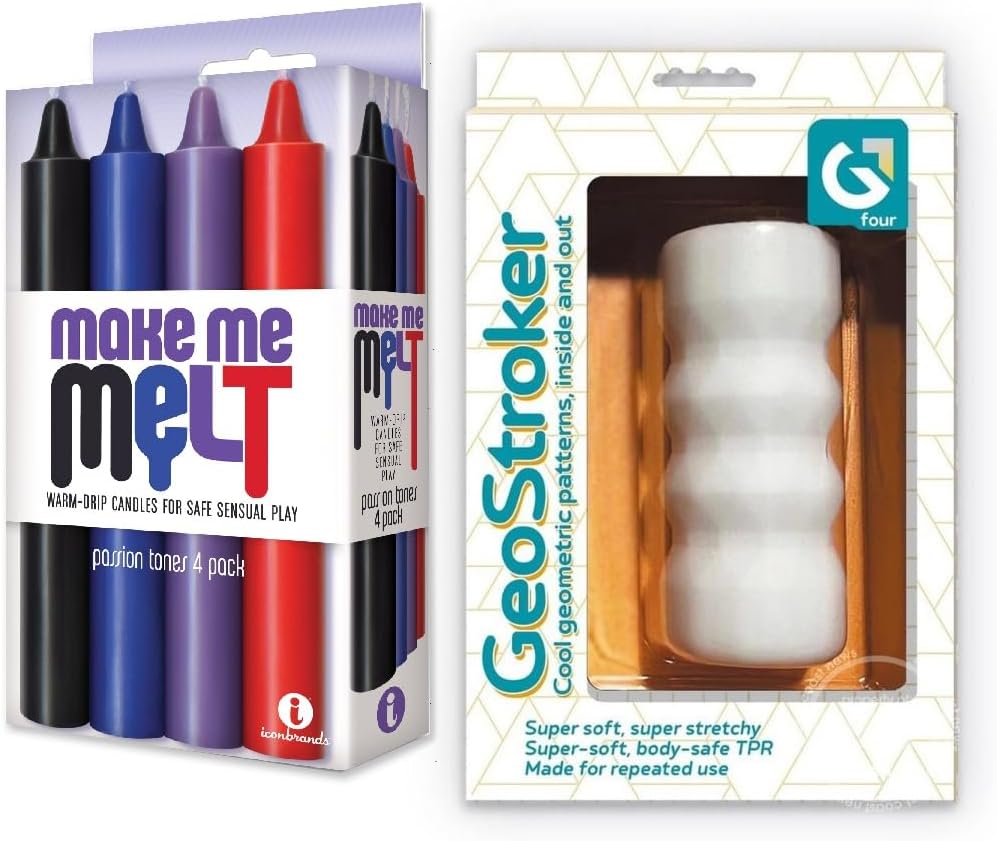 Couples Sex Toy Bundle of Make Me Melt Sensual Warm-Drip Candles, 4 Pack, Passion Tones and Icon Brands GeoStroker 4 Stroker - White