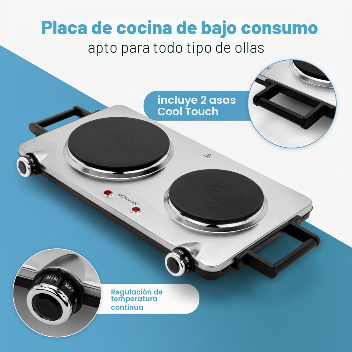 Bomann DKP 5033 S CB de acero inoxidable, placa de cocción doble/2 termostatos regulables continuos/2500 W