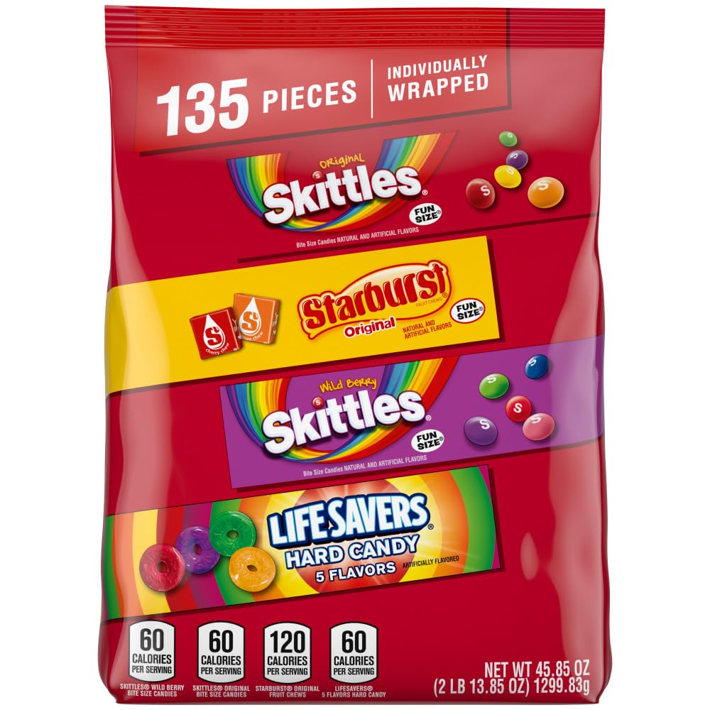 Wrigley's SKITTLES Original, SKITTLES Wild Berry STARBURST & LIFE SAVERS Hard Candy Fun Size Fruity Candy Assortment, 135 Ct Bulk Bag