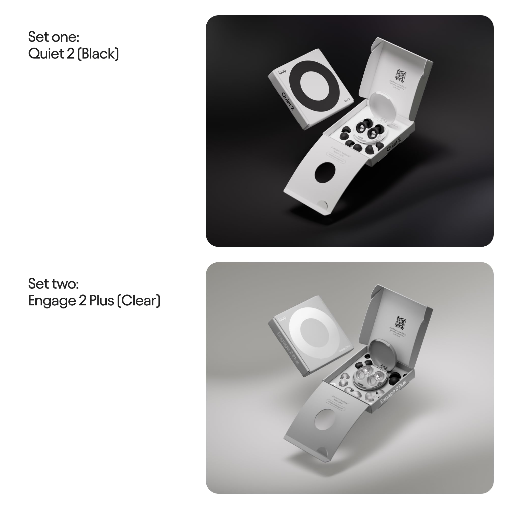 Loop Earplugs, coffret Au Quotidien Plus (lot de deux) – Quiet 2 + Engage 2 Plus | Bouchons d’oreille réutilisables pour le sommeil, la concentration, la sensibilité au bruit