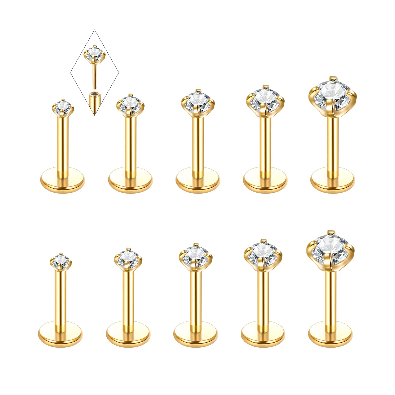 Oveta 18G Threadless Nose Stud Push In Flat Back Tragus Earrings for Women 7/32" Bar