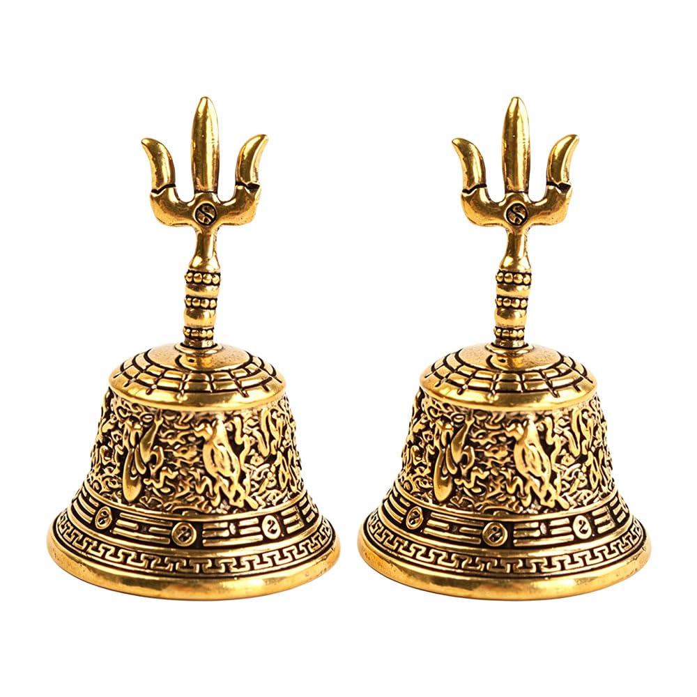 Jehoshaphat 2Pcs Vintage Brass Triple-Fork Pattern Bell Ornate Musical Figurine Collectible Sculpture for Home Office Tabletop Shelf Decoration