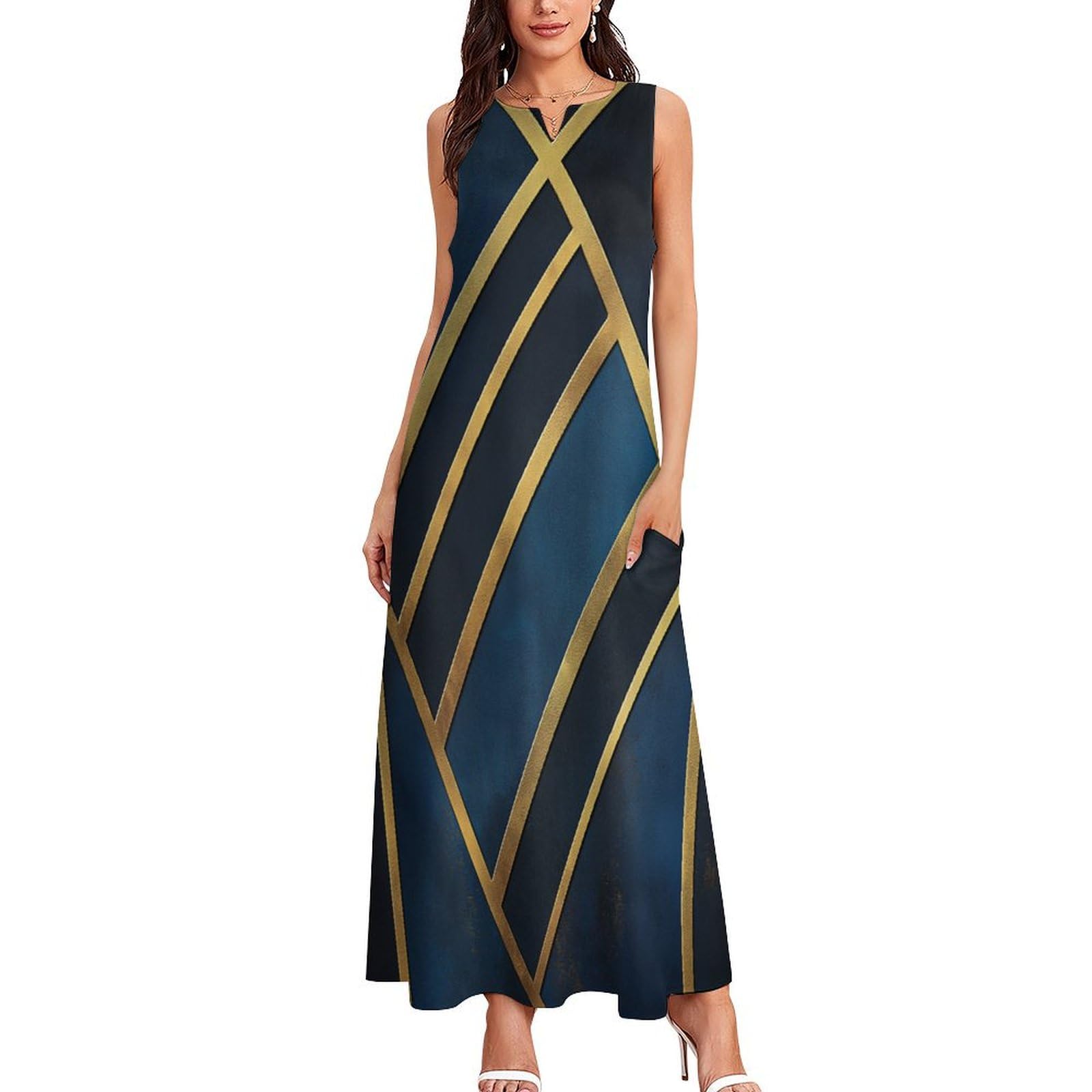 Abiti Donna Estivi Linee Geometriche Casual Vestiti Lunghi Motivo Geometrico Simmetrico Senza Maniche Vestito Elegante Scollo a V Linea ad A Maxi Abito con Tasche