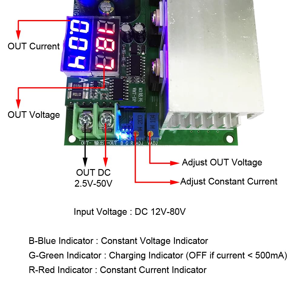 DC-DC Step Down Power Supply Module, CVCC 12V-80V to 2.5V-50V 20A 600W Einstellbarer Spannungswandler mit zwei Anzeigebildschirmen